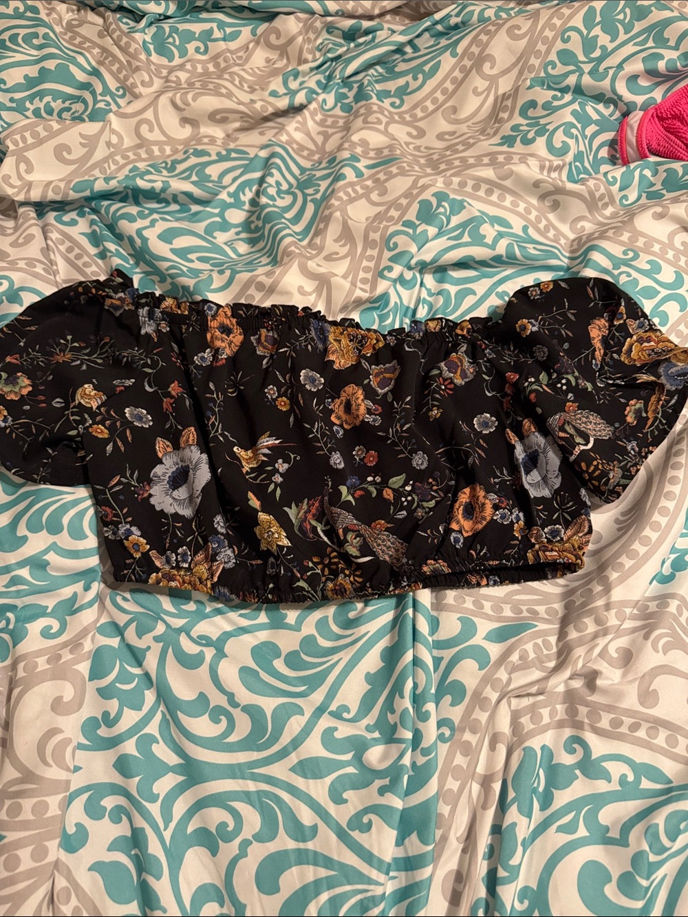 Black Floral Off-Shoulder Crop Top with skirt (shorts)